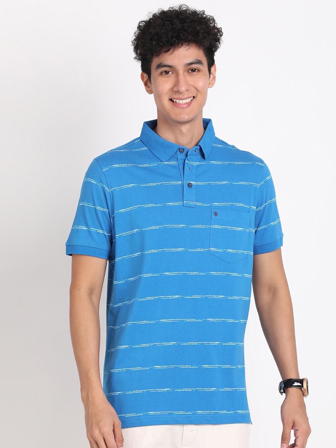 

Turtle Striped Polo Collar Pure Cotton Slim Fit T-shirt, Blue