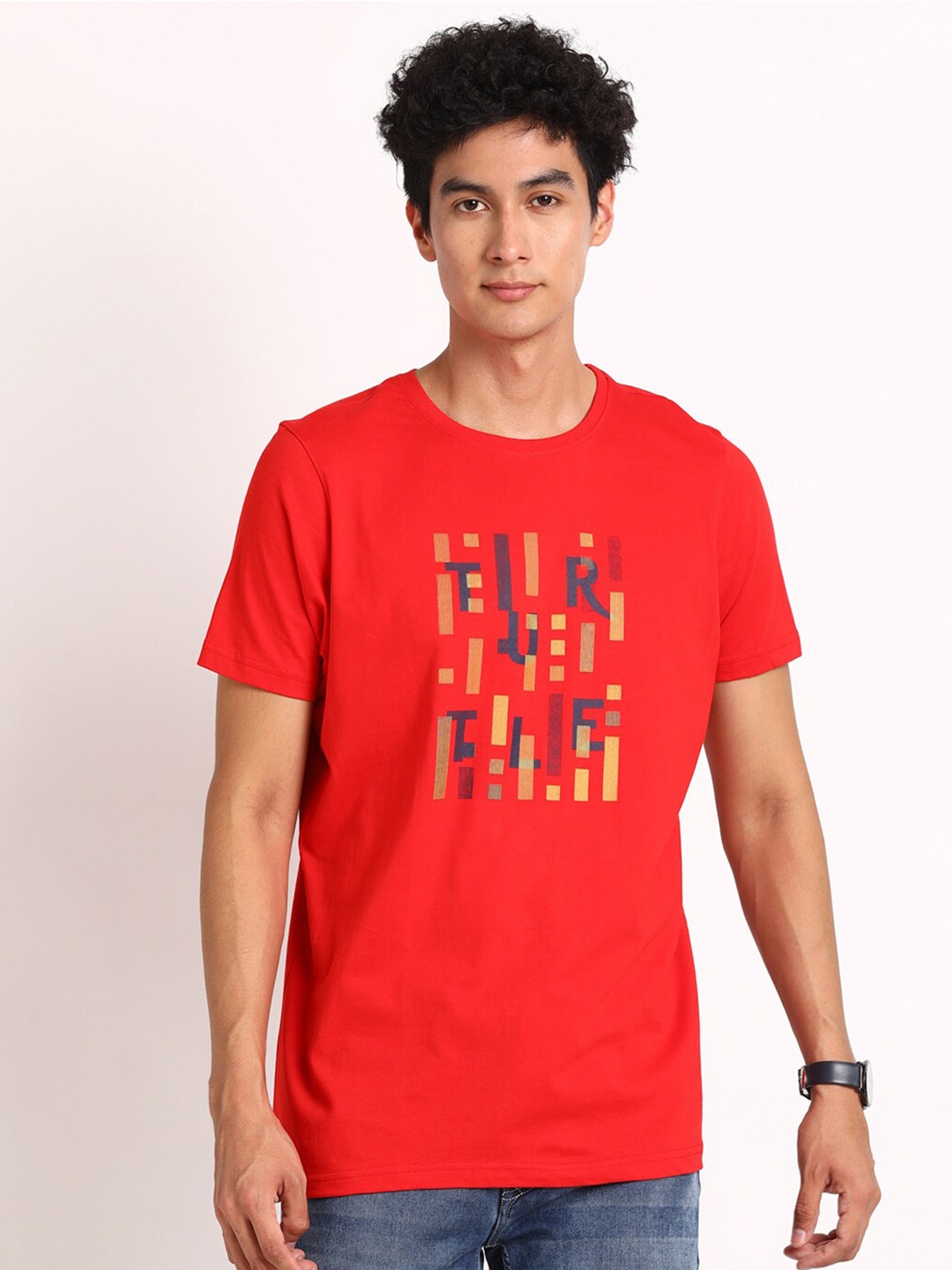 

Turtle Typography Printed Slim Fit Pure Cotton T-shirt, Red