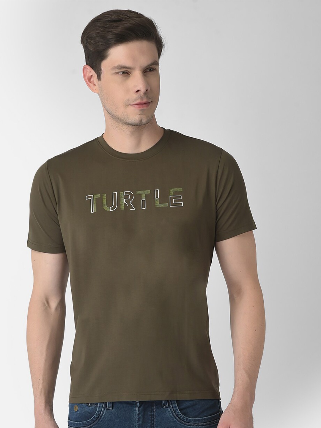 

Turtle Typography Printed Slim Fit Cotton T-shirt, Olive