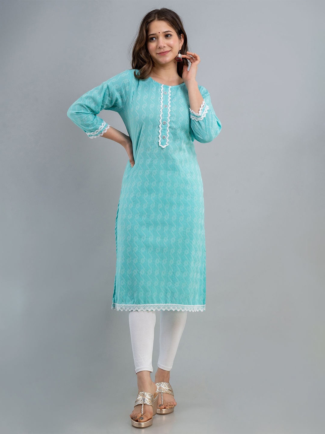 

NAMDEV Striped Calf Length Cotton Straight Kurta, Turquoise blue