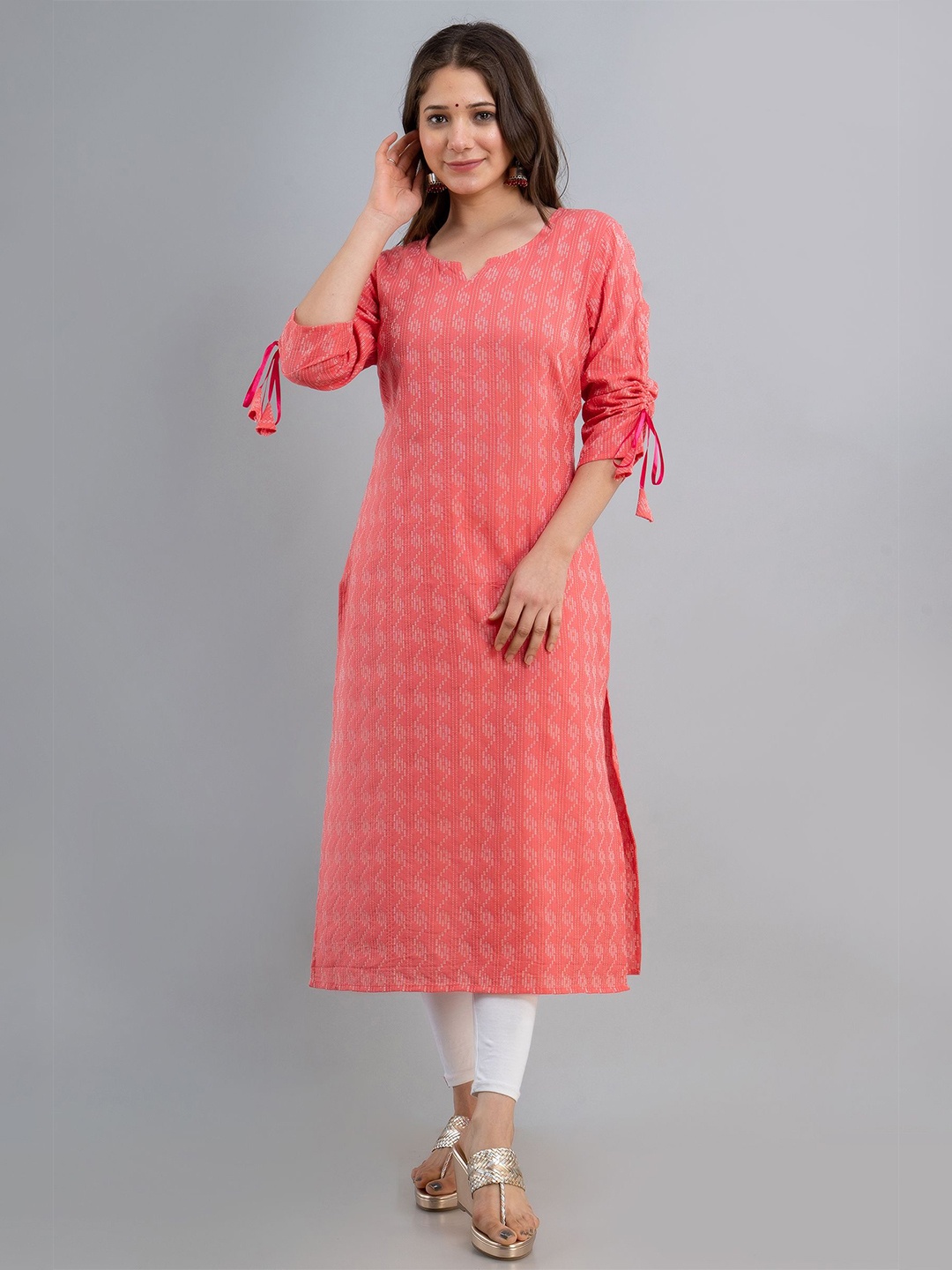 

NAMDEV Geometric Printed Calf Length Cotton Straight Kurta, Peach