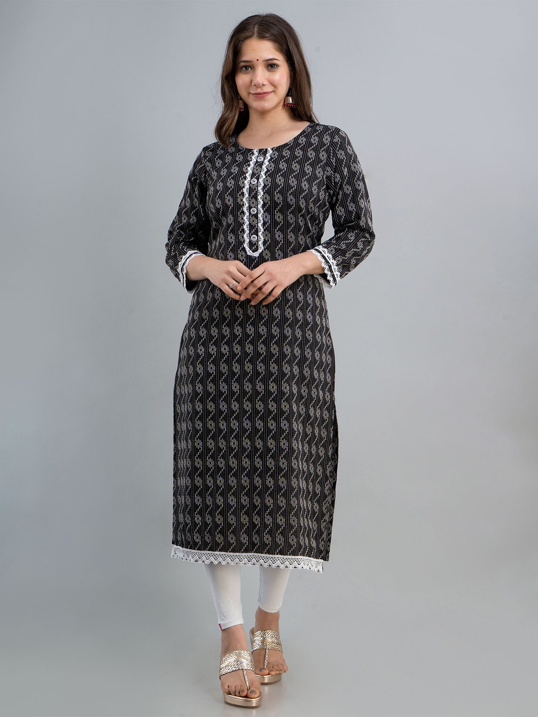 

NAMDEV Ethnic Motifs Printed Pure Cotton Straight Kurta, Black