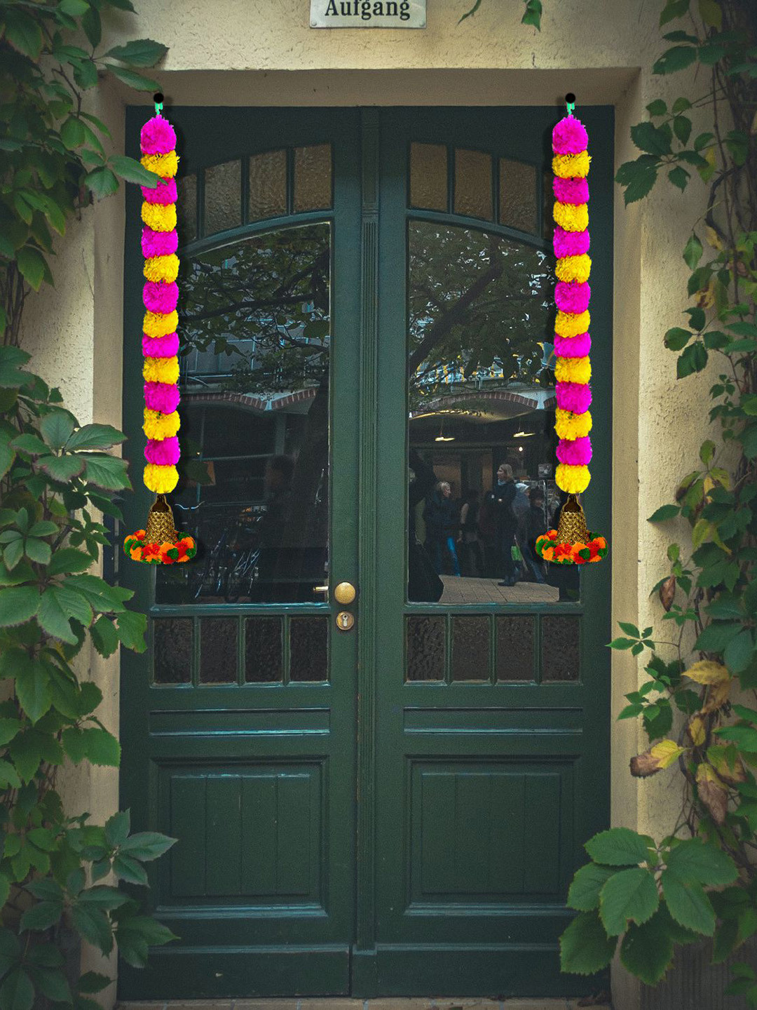 

iHandikart Pink Yellow 2 Pieces Hanging Marigold With Bell Garland Artificial Flower