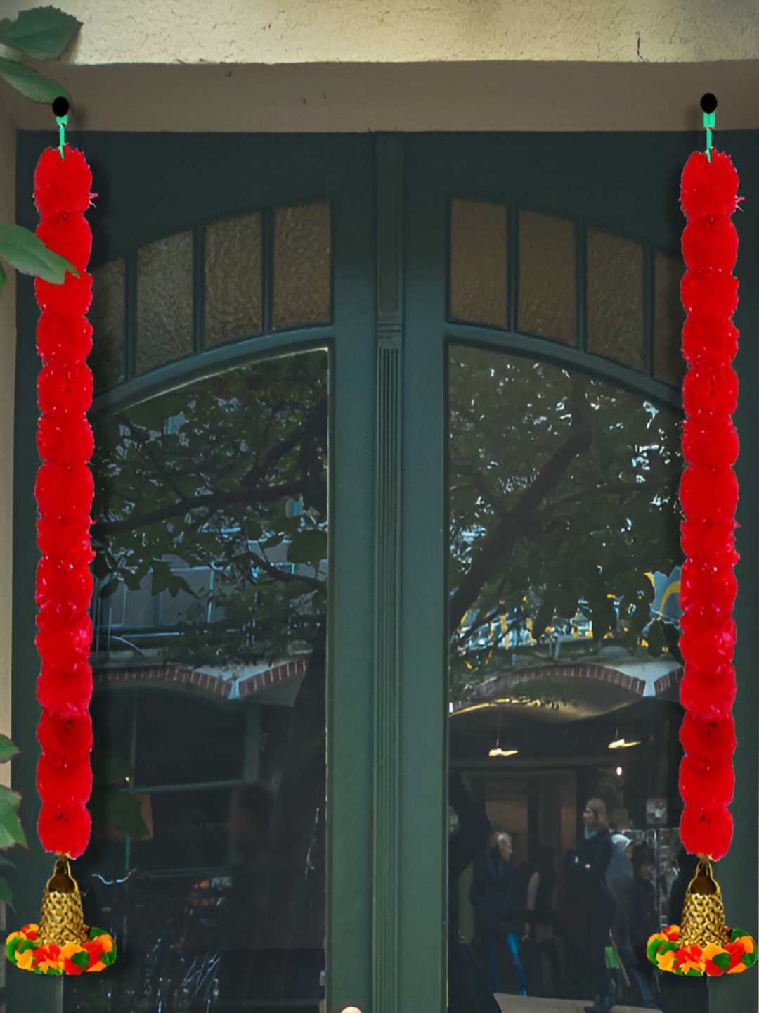 

iHandikart Red 2 Pieces Hanging Marigold With Bell Garland Artificial Flower