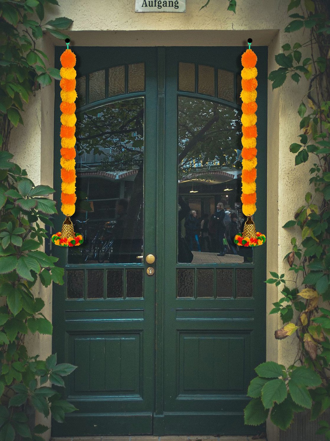 

iHandikart Yellow & Orange 15 Pieces Hanging Marigold Artificial Flower With Bell