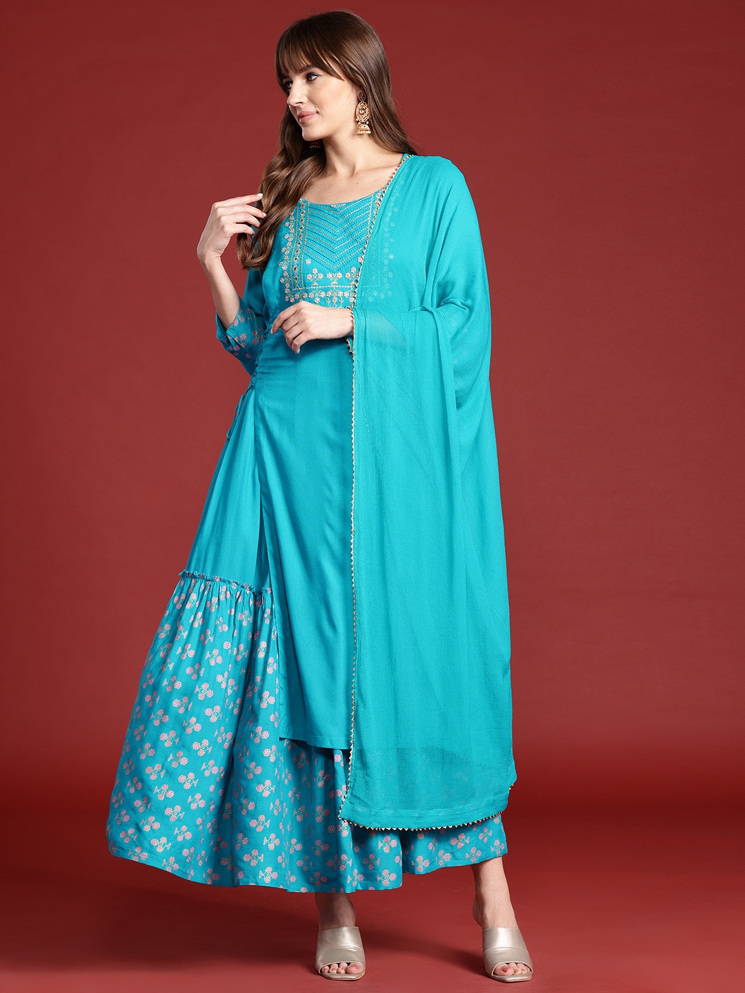

Anouk Ethnic Printed Yoke Embroidered Layered Kurta with Dupatta, Blue