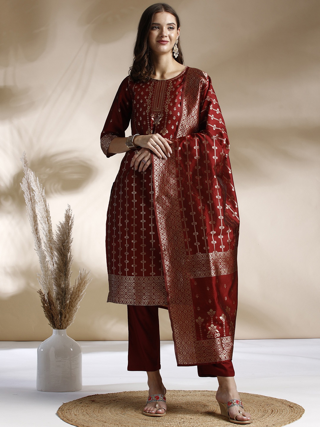 

Anouk Zari Woven Design Kurta with Trousers & Dupatta, Maroon