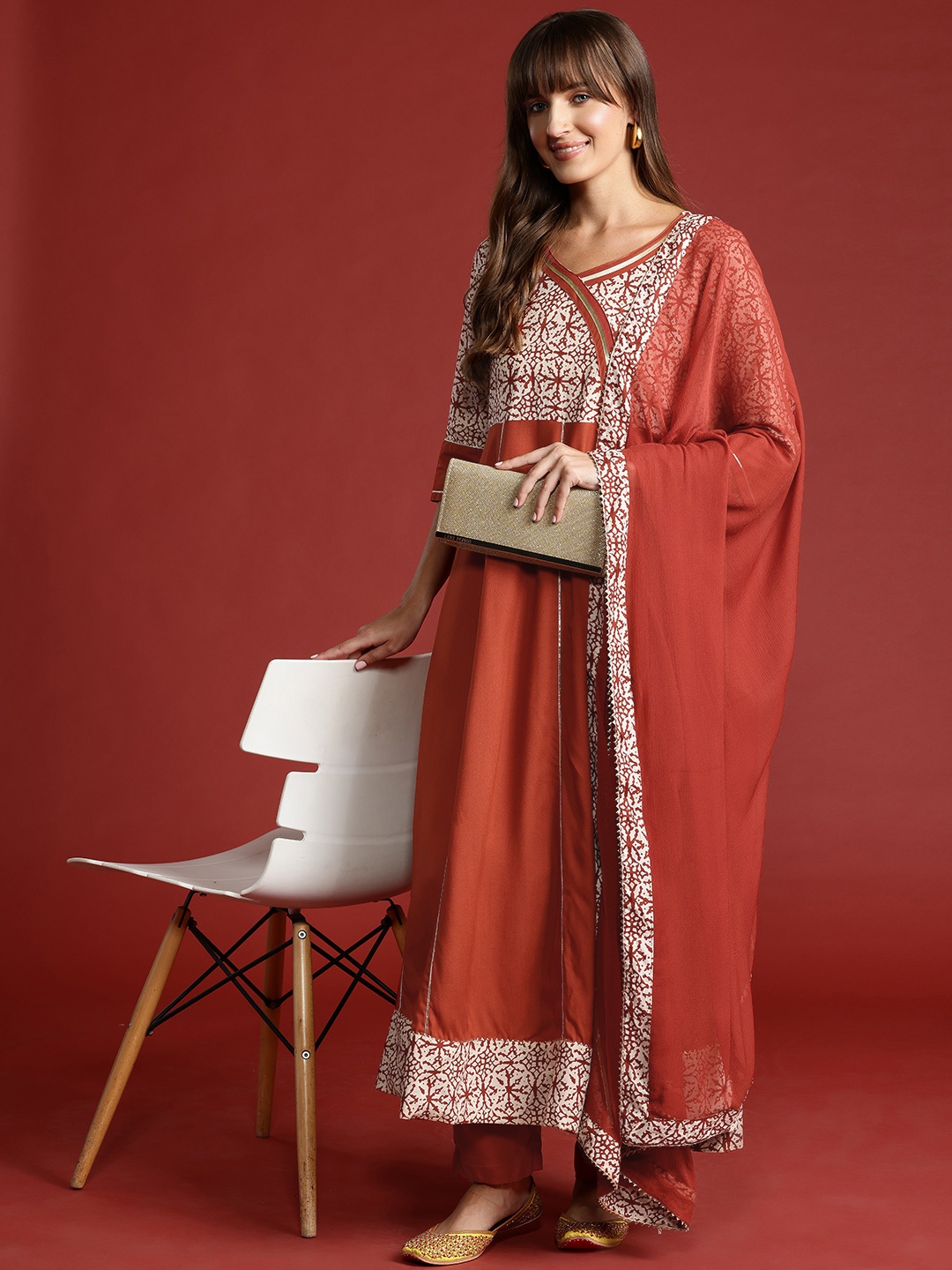 

Anouk Printed Angrakha Gotta Patti Kurta with Trousers & Dupatta, Rust