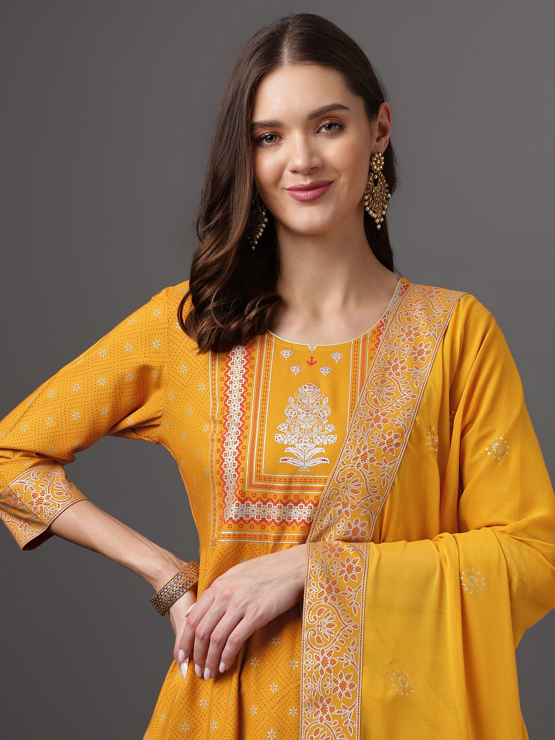 

Anouk Ethnic Printed Kurta Set With Dupatta, Mustard