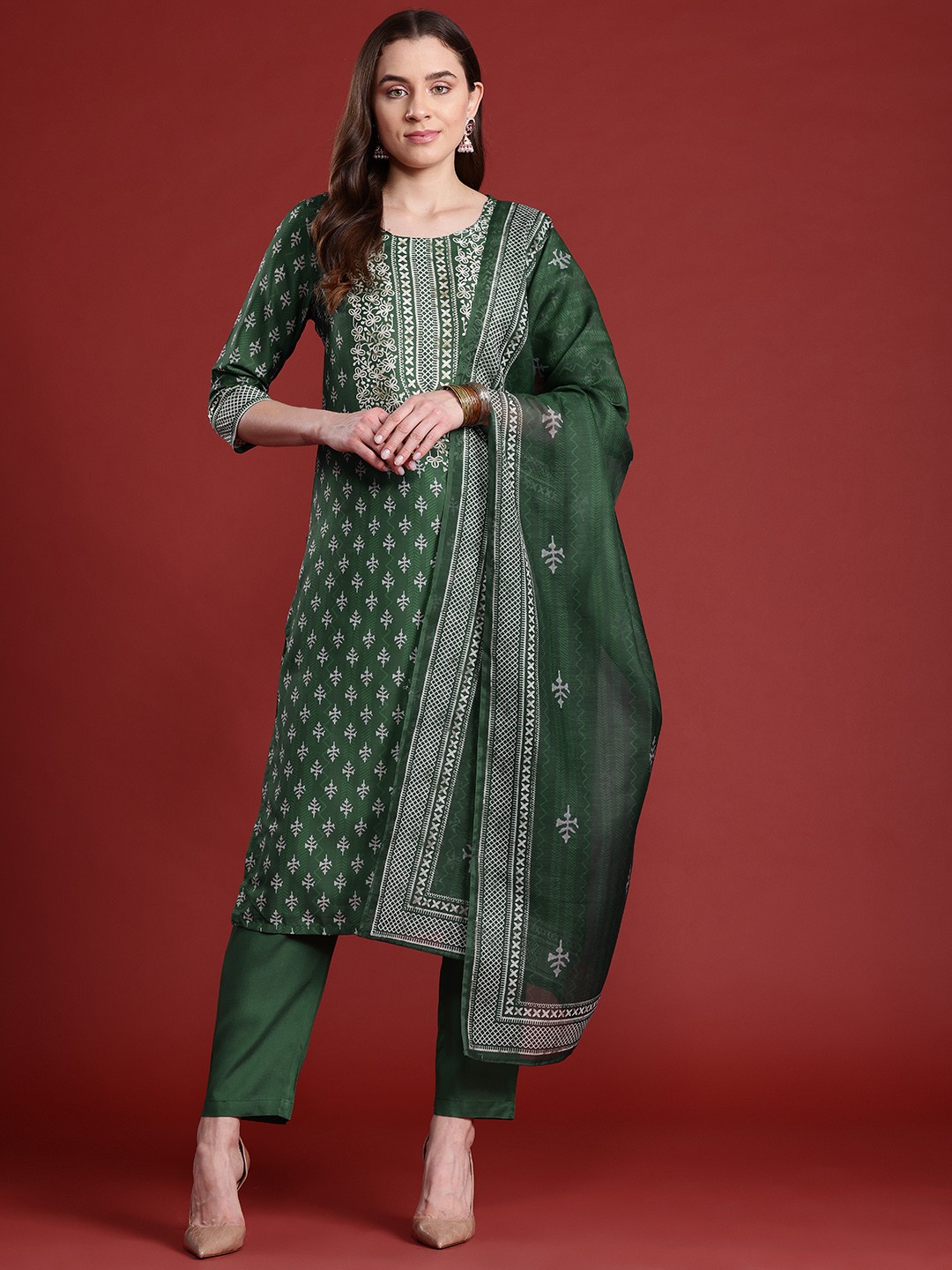 

Anouk Ethnic Motifs Printed Kurta Set, Green