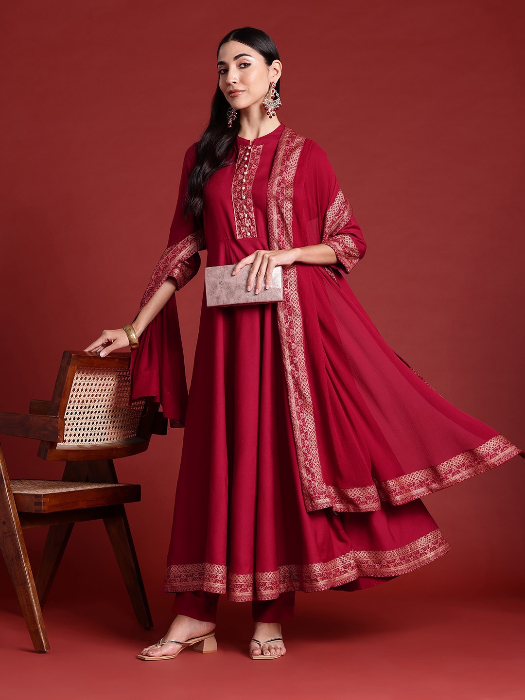 

Anouk Women A-Line Kurta with Trousers & Dupatta, Red