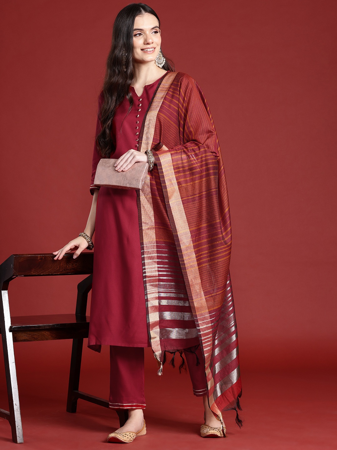 

Anouk Straight Kurta & Trousers with Printed Dupatta, Maroon