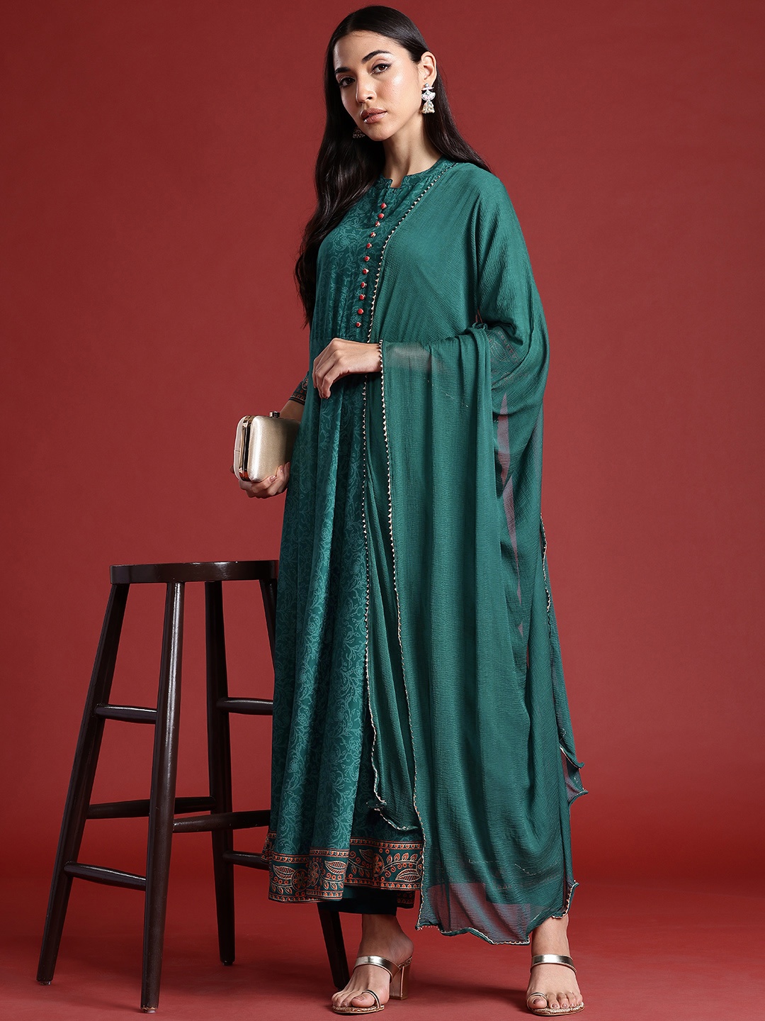 

Anouk Women Ethnic Motifs Printed Pleated Kurta with Trousers & Dupatta, Green