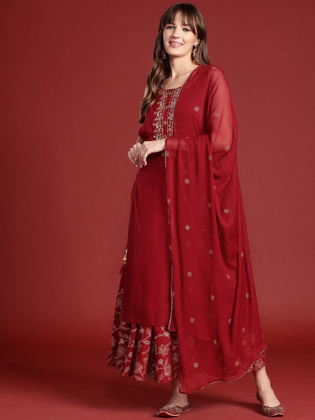 

Anouk Ethnic Printed Yoke Embroidered Layered Kurta with Dupatta, Maroon