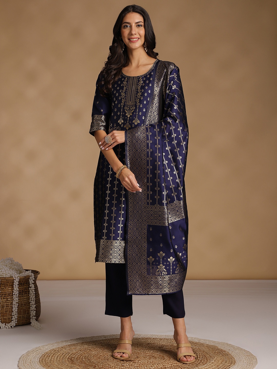 

Anouk Zari Woven Design Kurta with Trousers & Dupatta, Navy blue