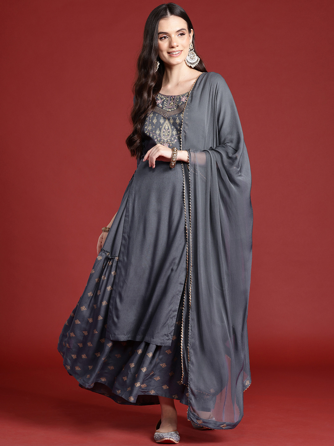 

Anouk Ethnic Printed Yoke Embroidered Layered Kurta with Dupatta, Grey