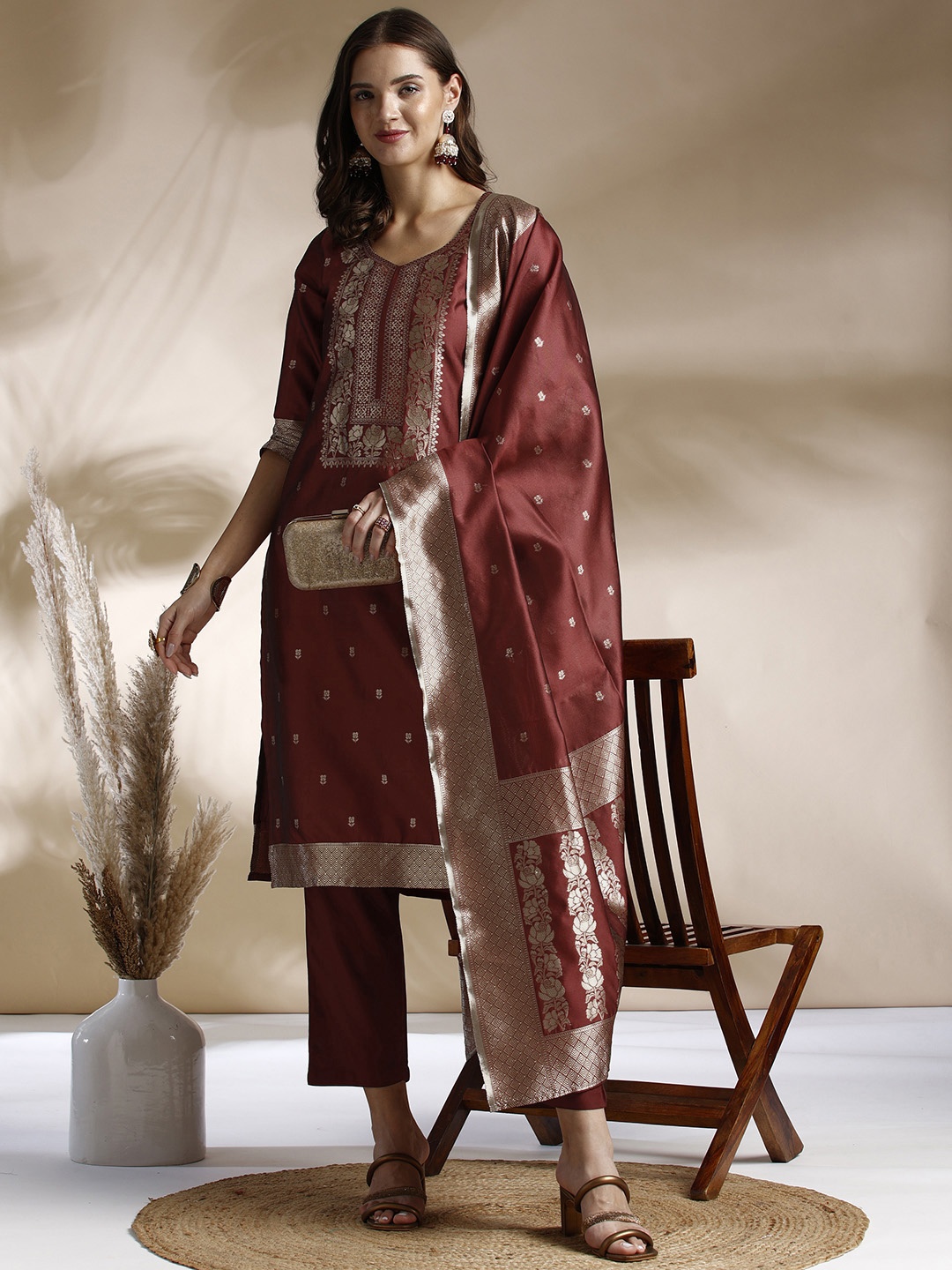 

Anouk Zari Woven Design Kurta with Trousers & Dupatta, Maroon