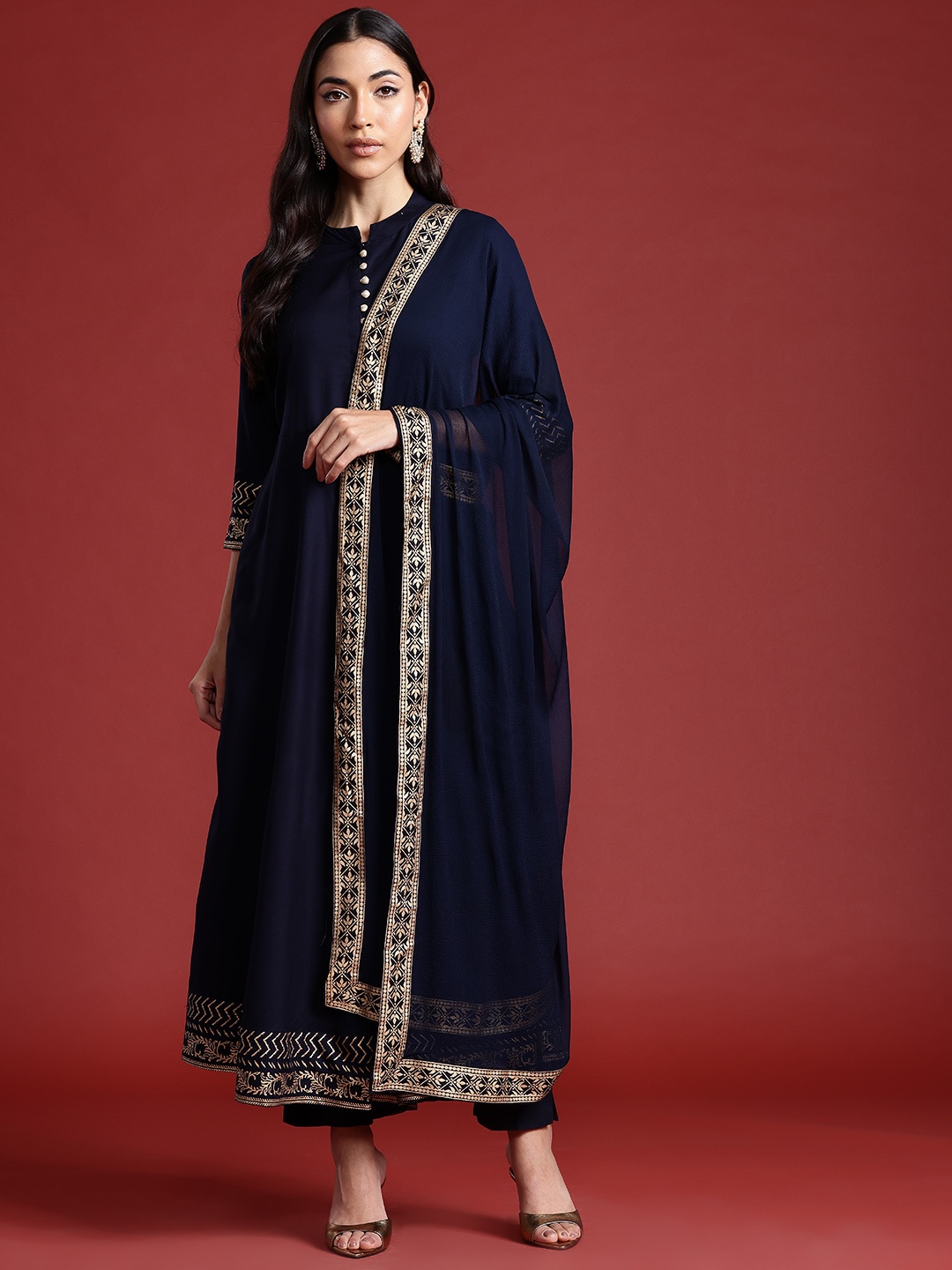 

Anouk Women A-Line Kurta with Trousers & Dupatta, Navy blue