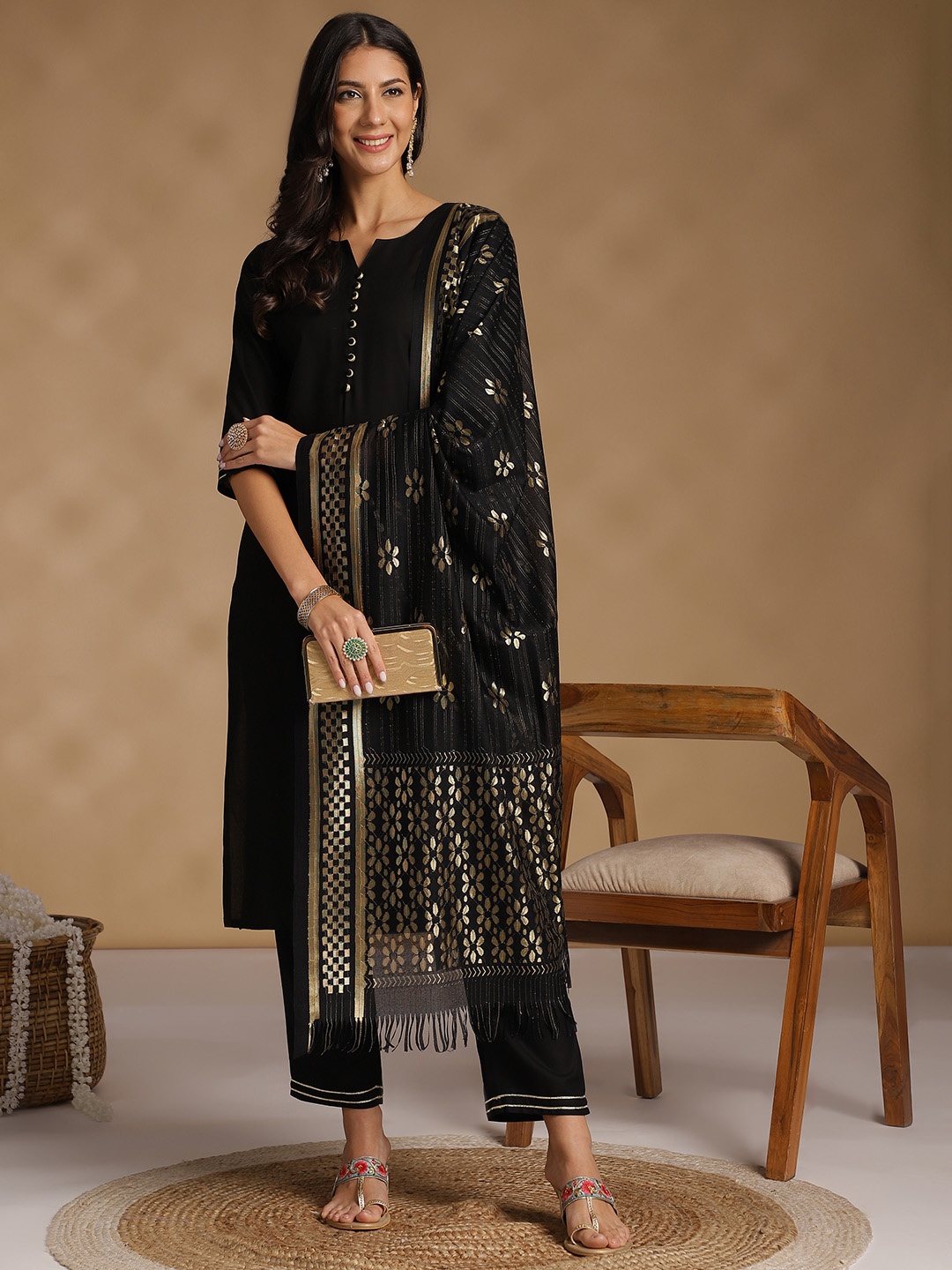 

Anouk Regular Kurta with Trousers & With Dupatta, Black