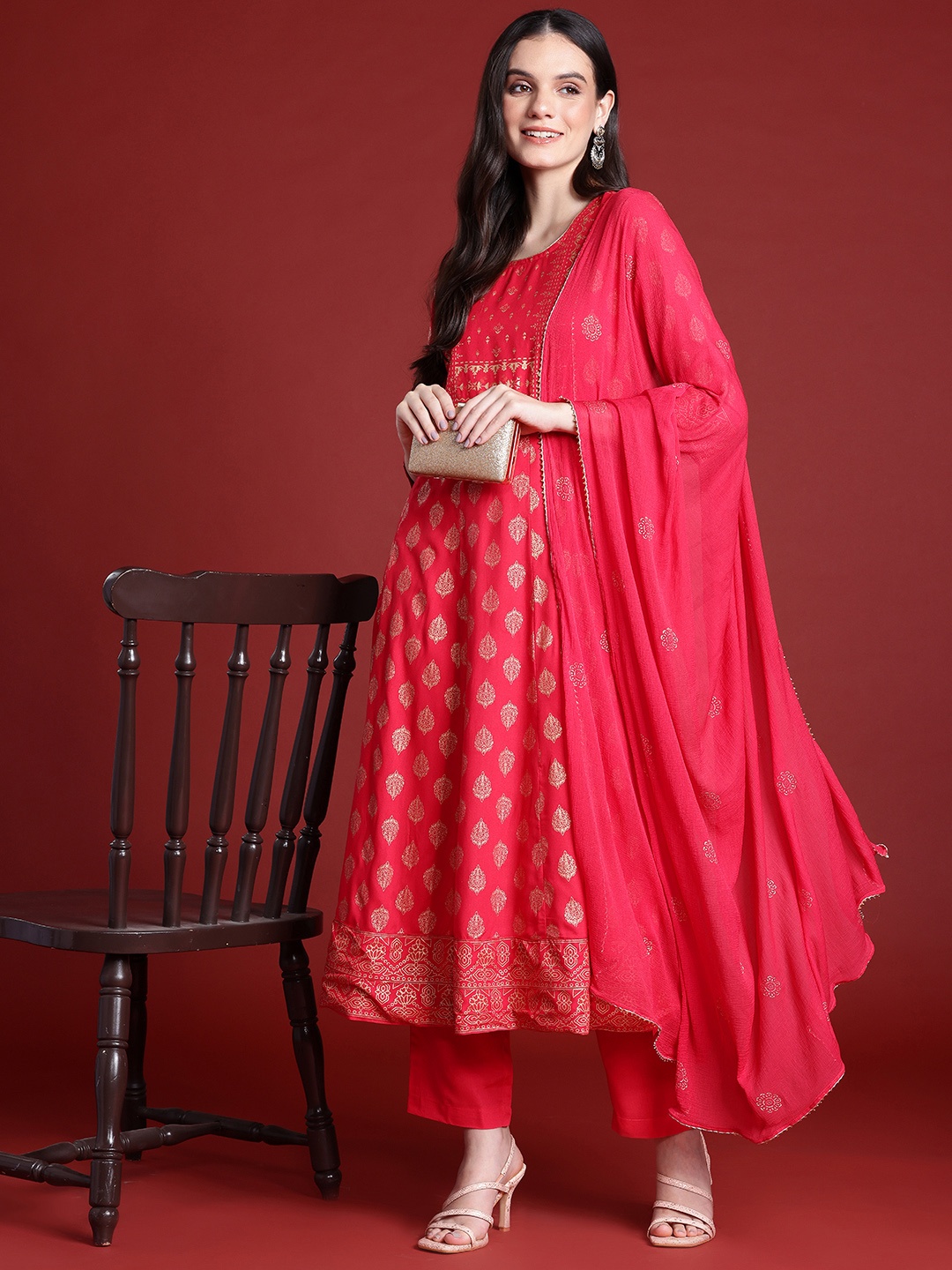 

Anouk Ethnic Motifs Print A-Line Kurta with Trousers & Dupatta, Coral