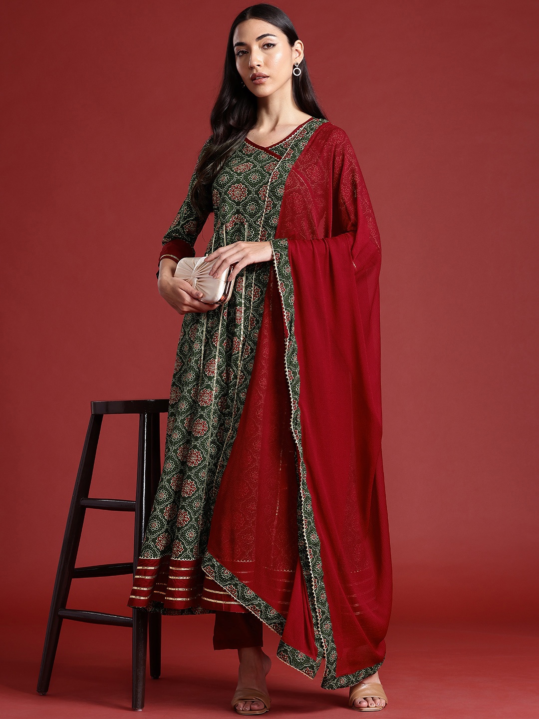 

Anouk Women Ethnic Motifs Printed Kurta with Trousers & Dupatta, Green