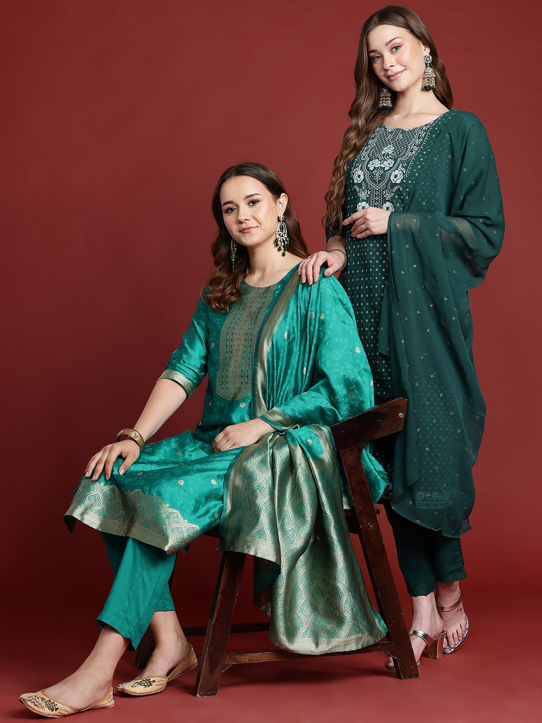 

Anouk Zari Woven Design Kurta with Trousers & Dupatta, Green