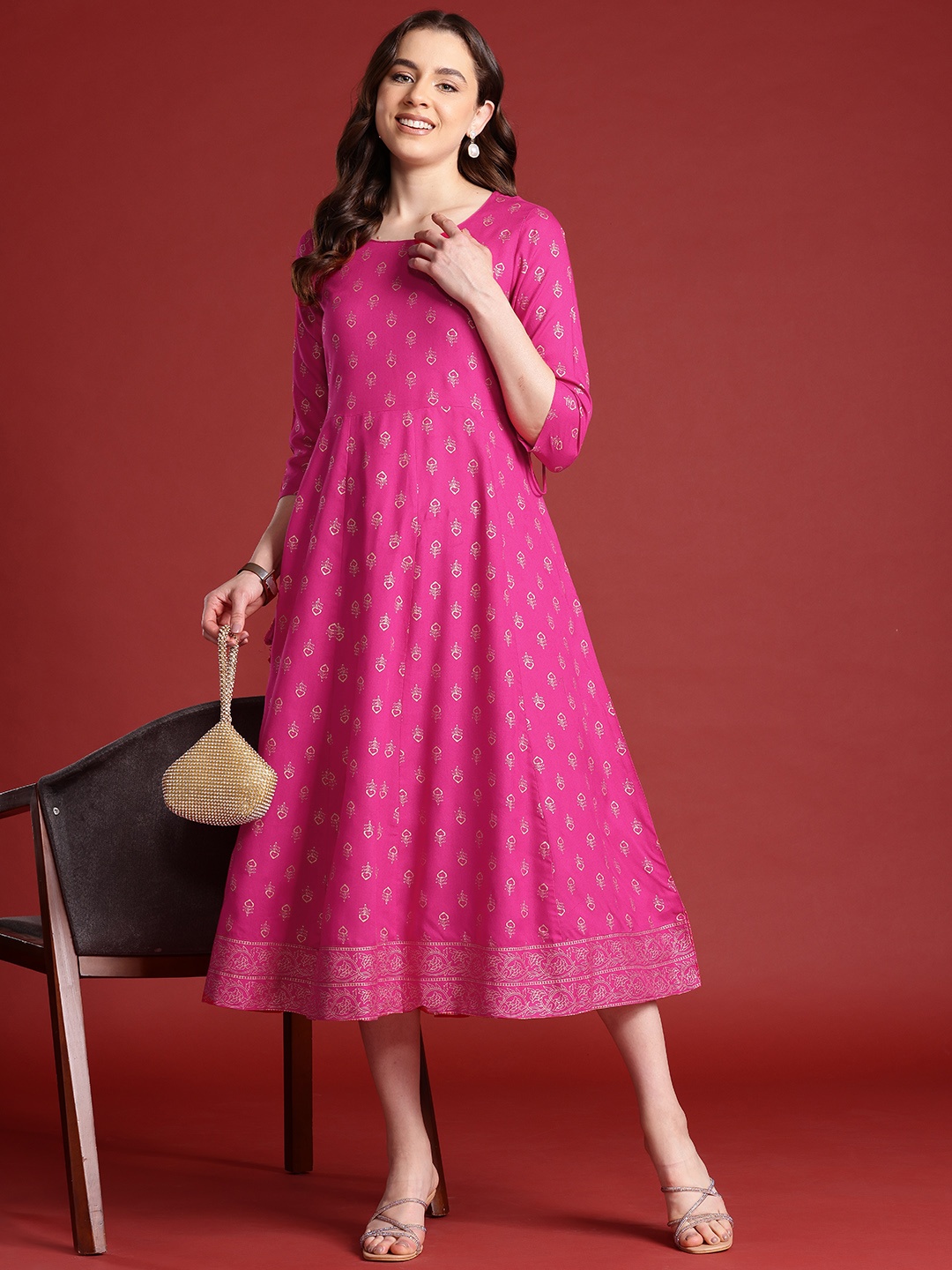 

Anouk Tie-Up Tassels Detail Foil Print A-Line Midi Ethnic Dress, Fuchsia