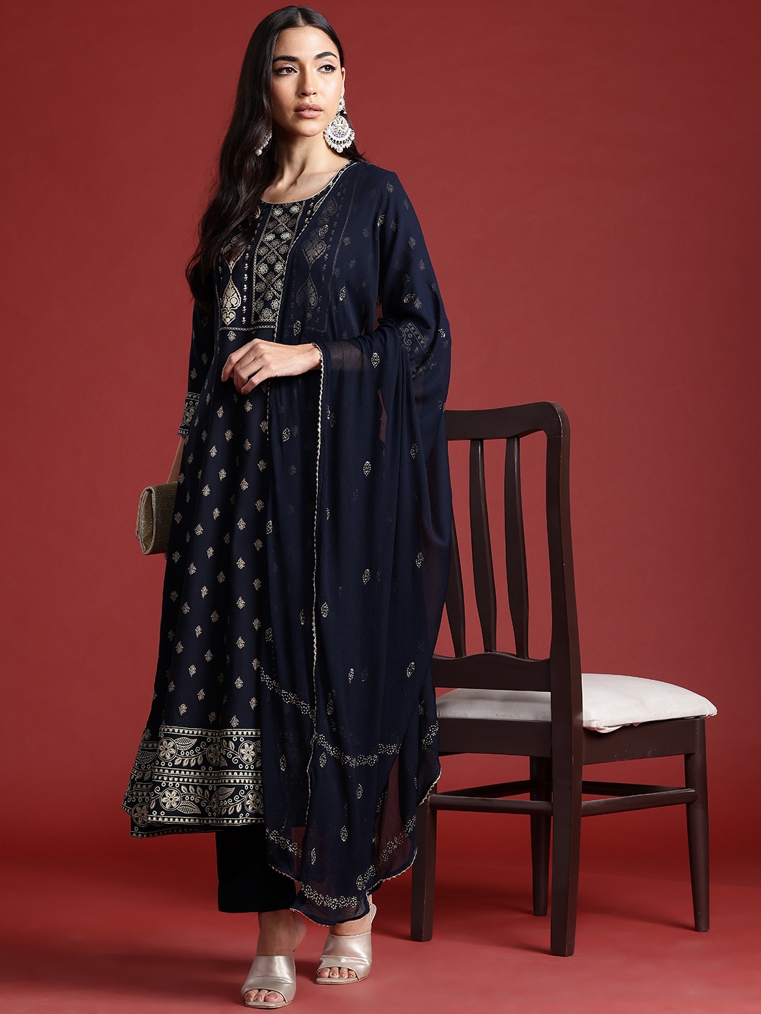 

Anouk Women Ethnic Motifs Printed Kurta with Trousers & Dupatta, Navy blue