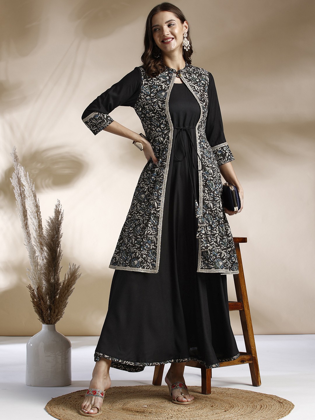 

Anouk Cotton Floral Print A-Line Maxi Ethinc Dress, Black