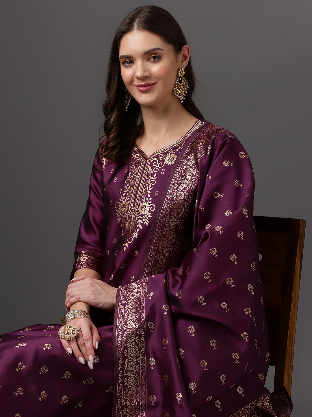 

Anouk Zari Woven Design Kurta with Trousers & Dupatta, Purple