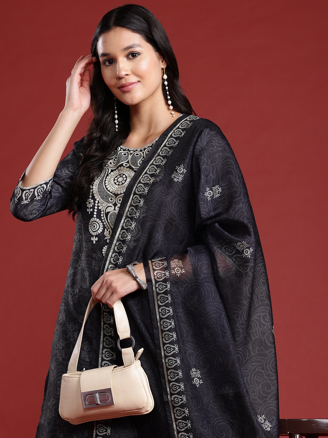 

Anouk Printed Kurta with Trousers & Dupatta, Charcoal