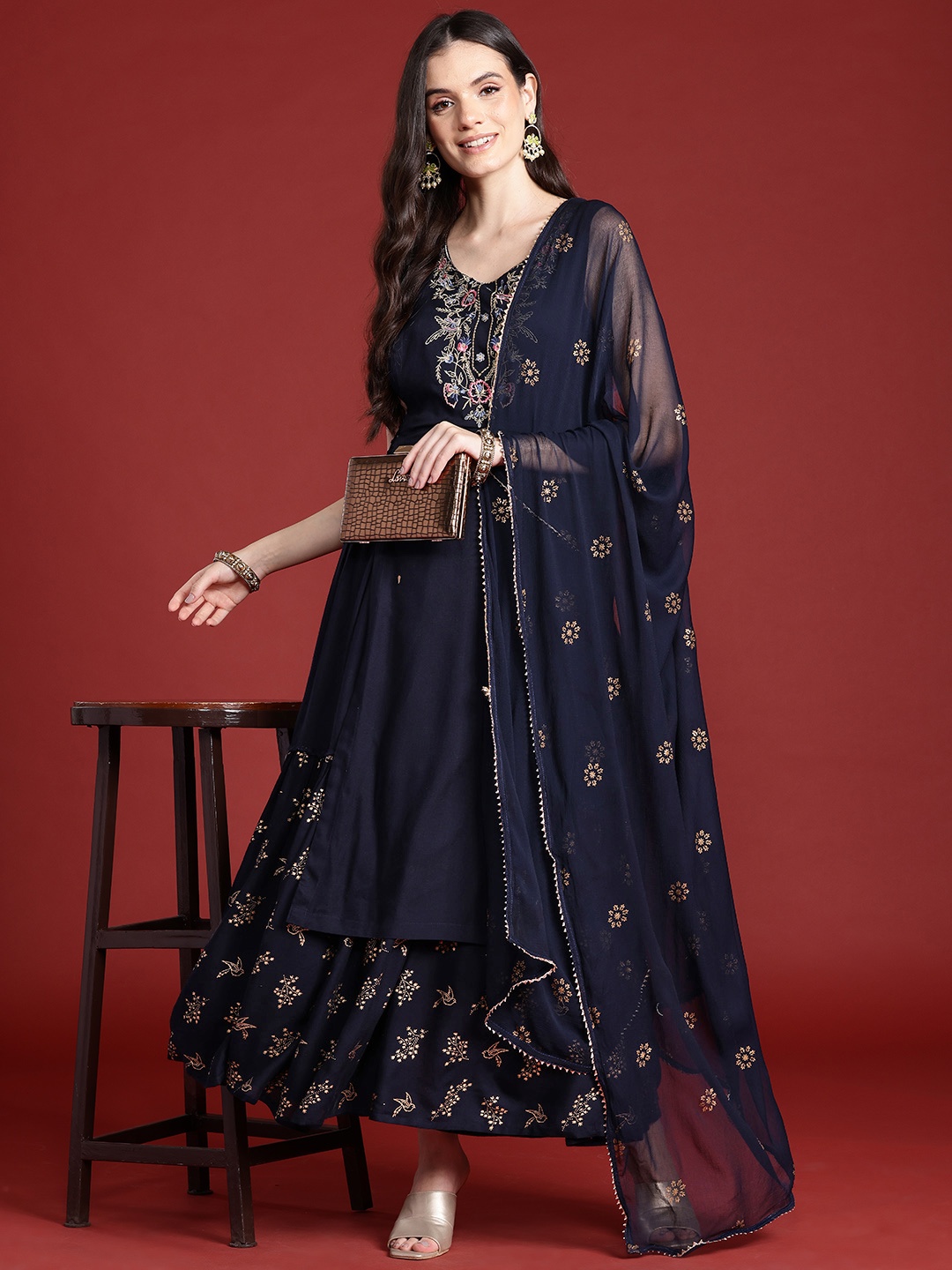 

Anouk Ethnic Printed Yoke Embroidered Layered Kurta with Dupatta, Navy blue