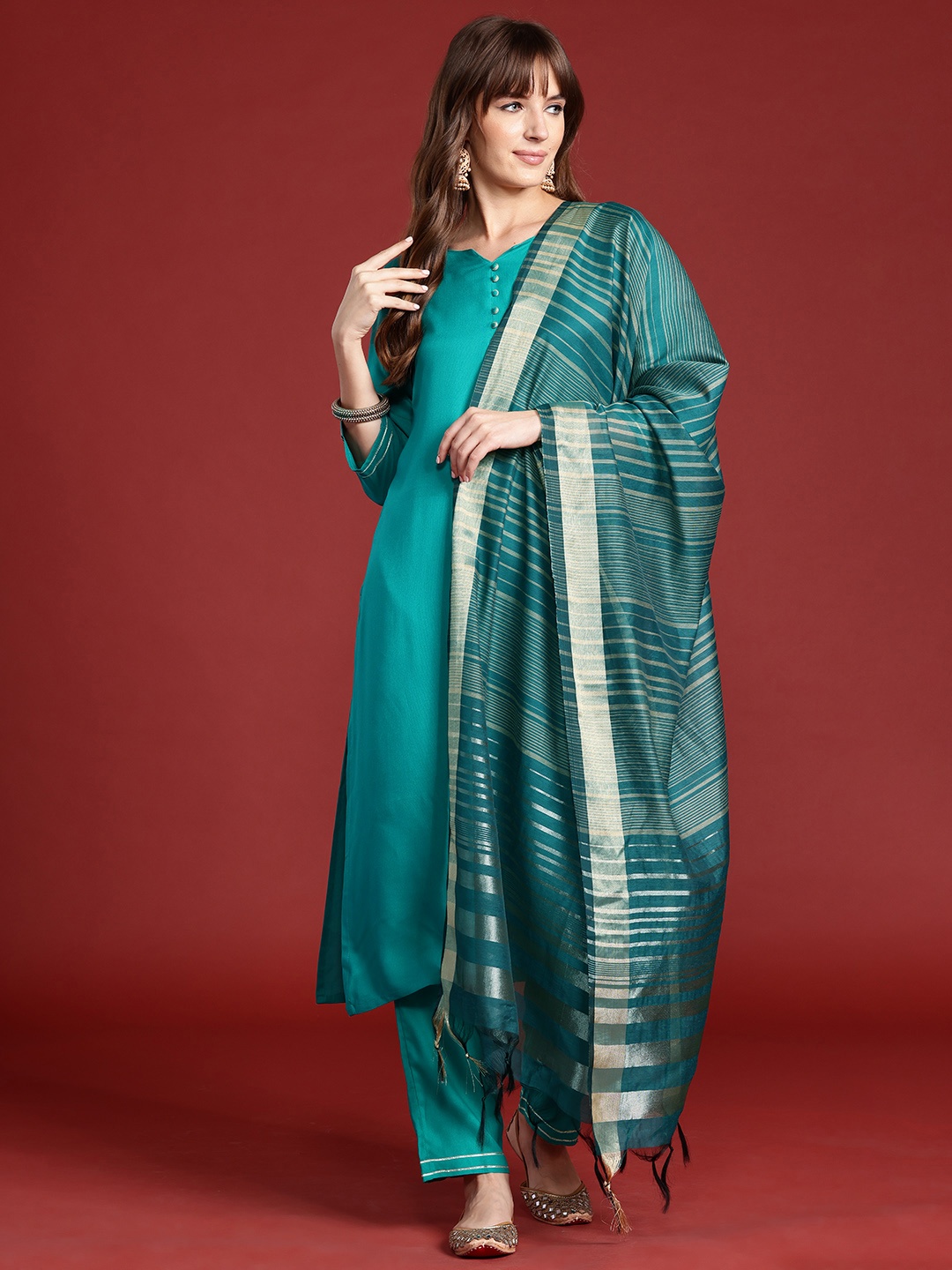 

Anouk Straight Kurta & Trousers with Printed Dupatta, Teal