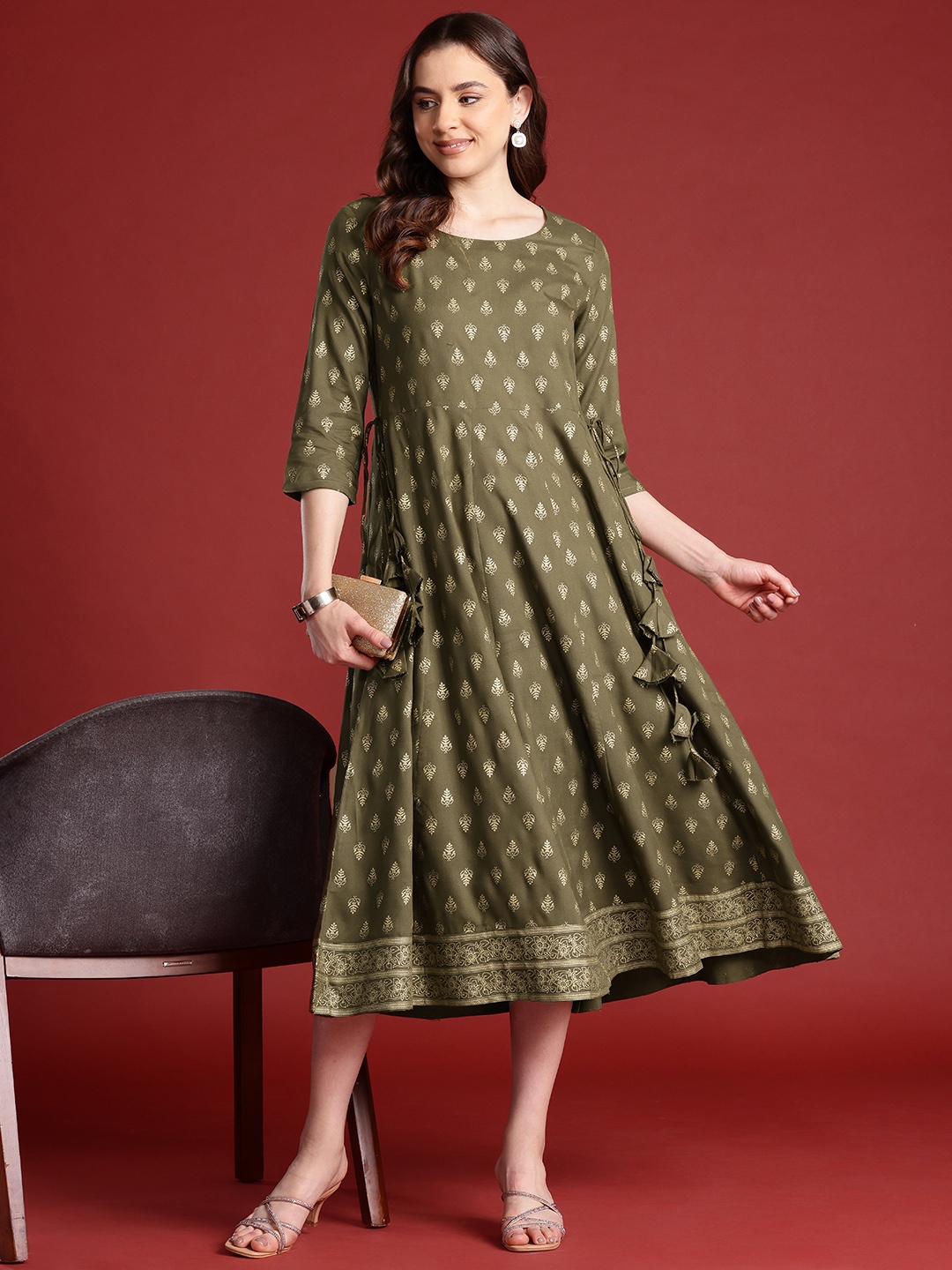 

Anouk Tie-Up Tassels Detail Foil Print A-Line Midi Ethnic Dress, Olive