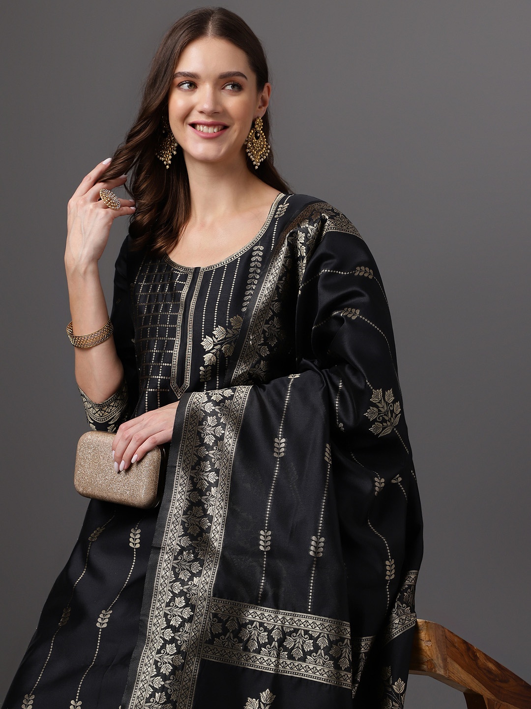 

Anouk Zari Woven Design Kurta with Trousers & Dupatta, Black