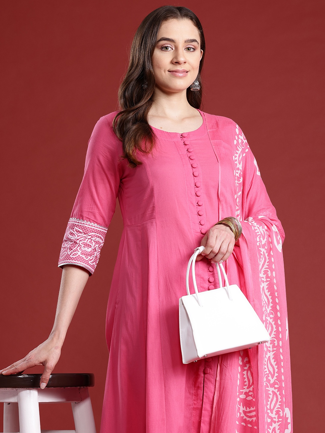 

Anouk Gotta Patti Pure Cotton Anarkali Kurta with Trousers & Dupatta, Pink