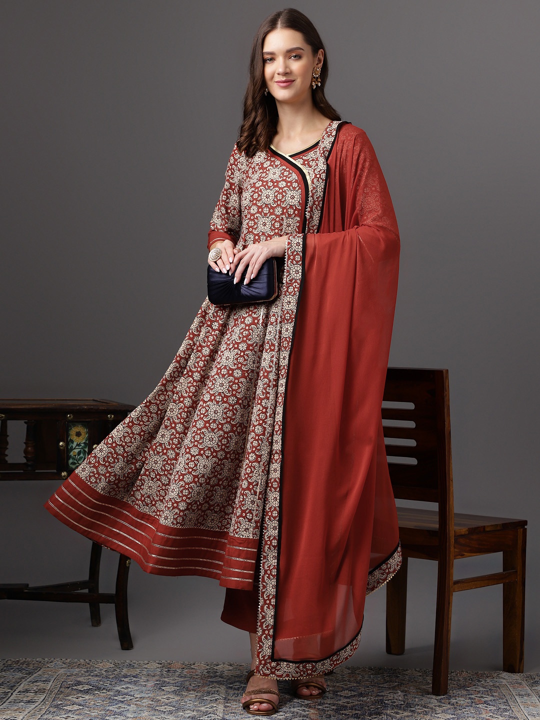 

Anouk Printed Angrakha Kurta & Trousers With Dupatta, Red