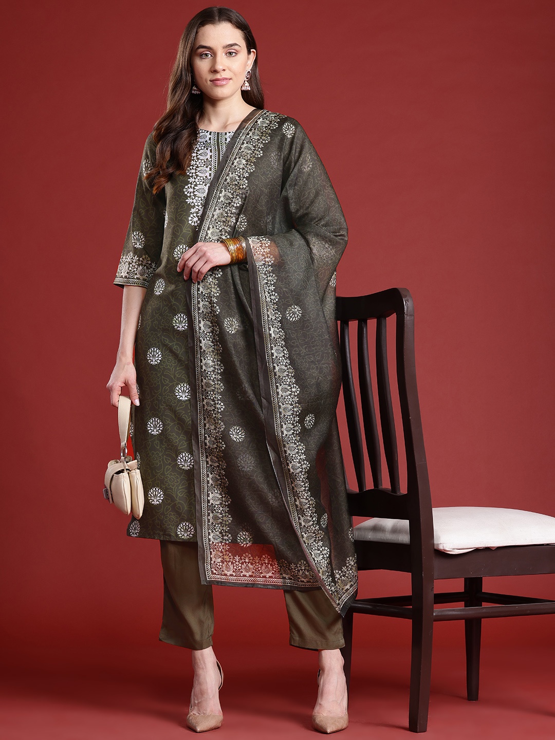 

Anouk Ethnic Printed Kurta Set With Dupatta, Green