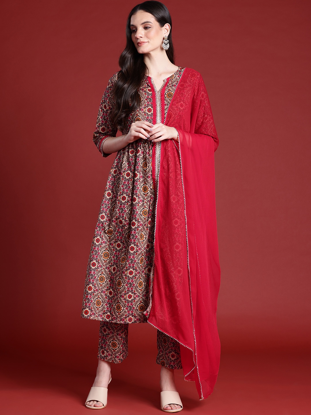 

Anouk Floral Print High Slit Kurta with Trousers & Dupatta, Multi