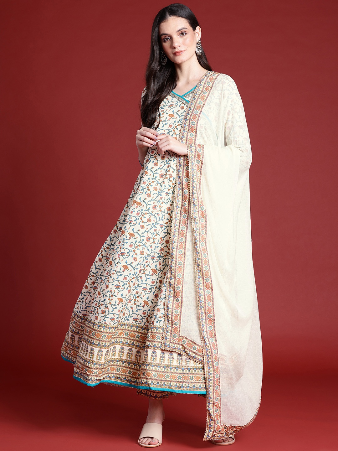 

Anouk Ethnic Motifs Print Angrakha Kurta with Trousers & Dupatta, Cream