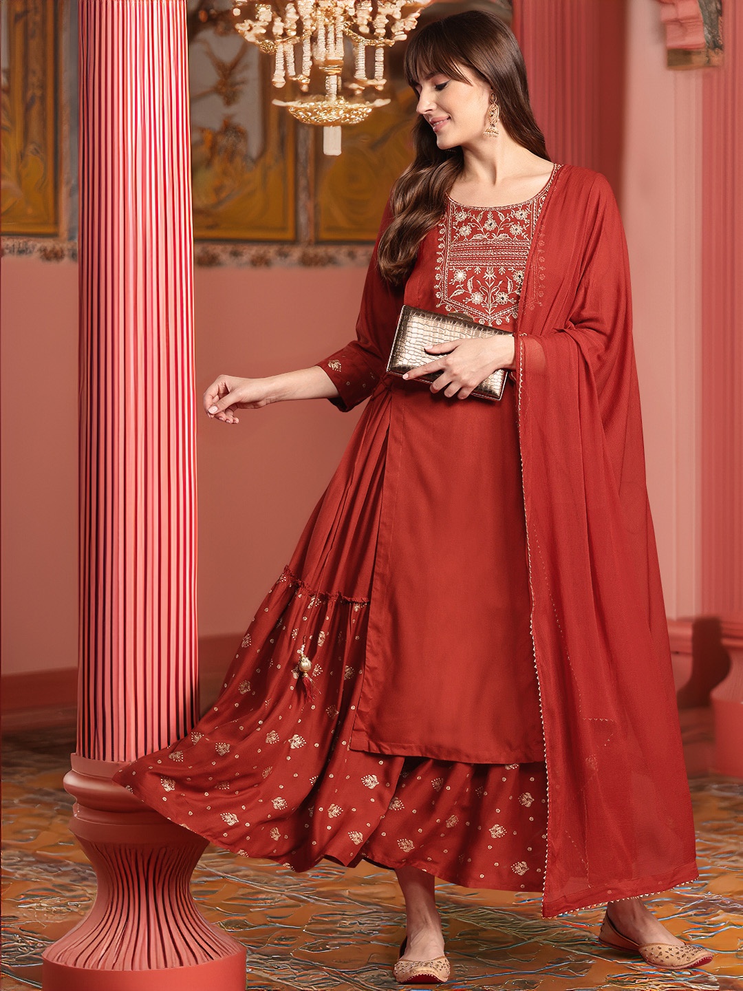

Anouk Ethnic Printed Yoke Embroidered Layered Kurta with Dupatta, Red
