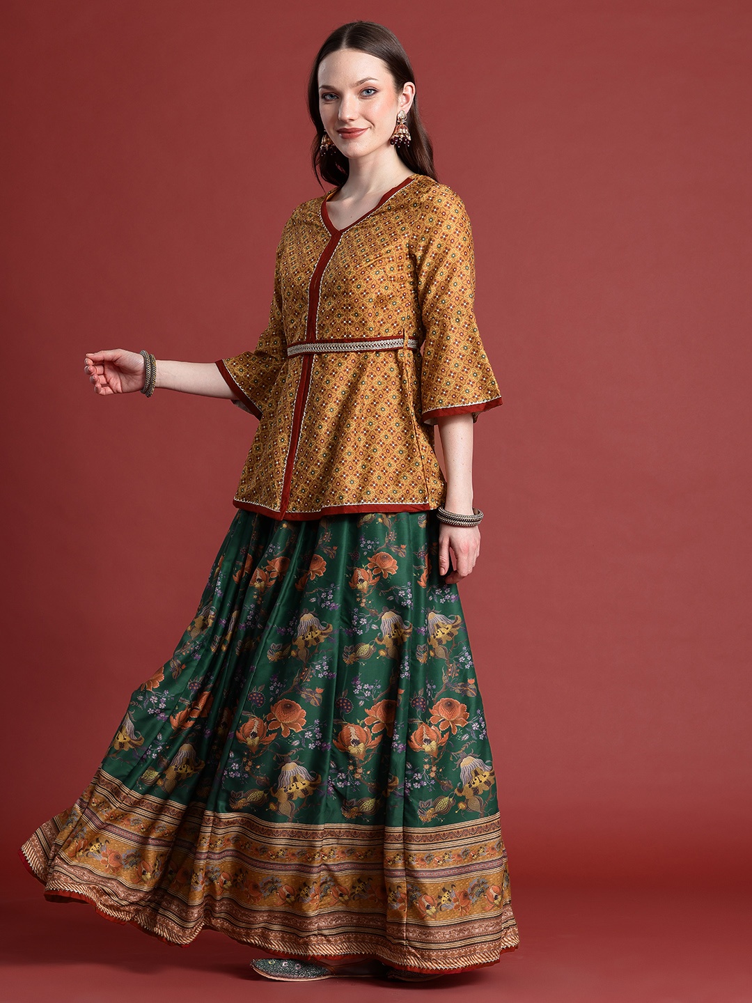 

Anouk Ready to Wear Printed Fusion Lehenga Choli, Mustard