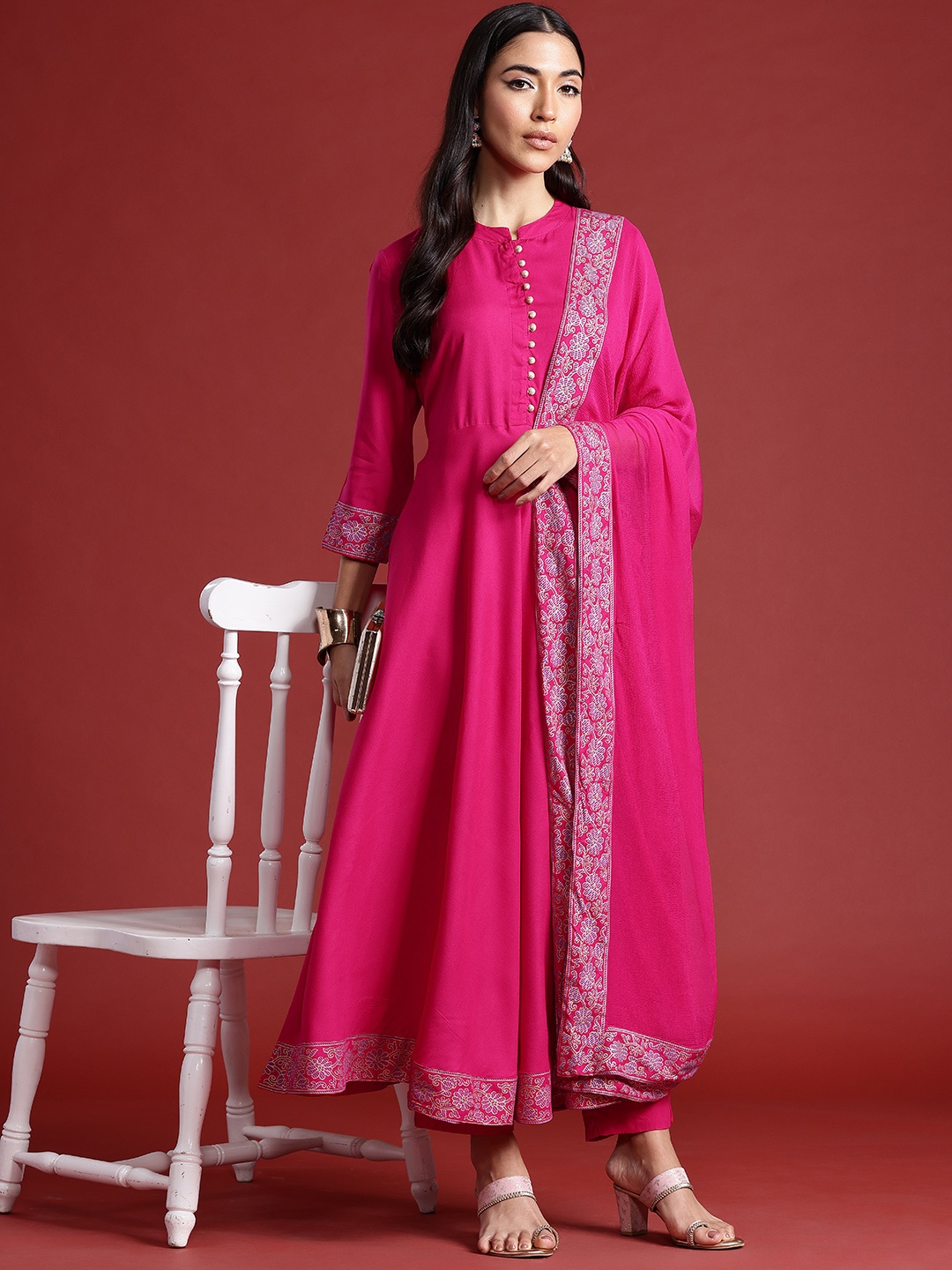 

Anouk Women A-Line Kurta with Trousers & Dupatta, Pink