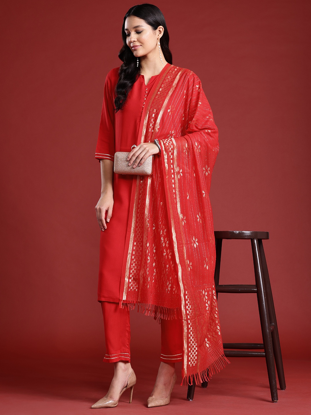 

Anouk Women Regular Kurta with Trousers & With Dupatta, Red