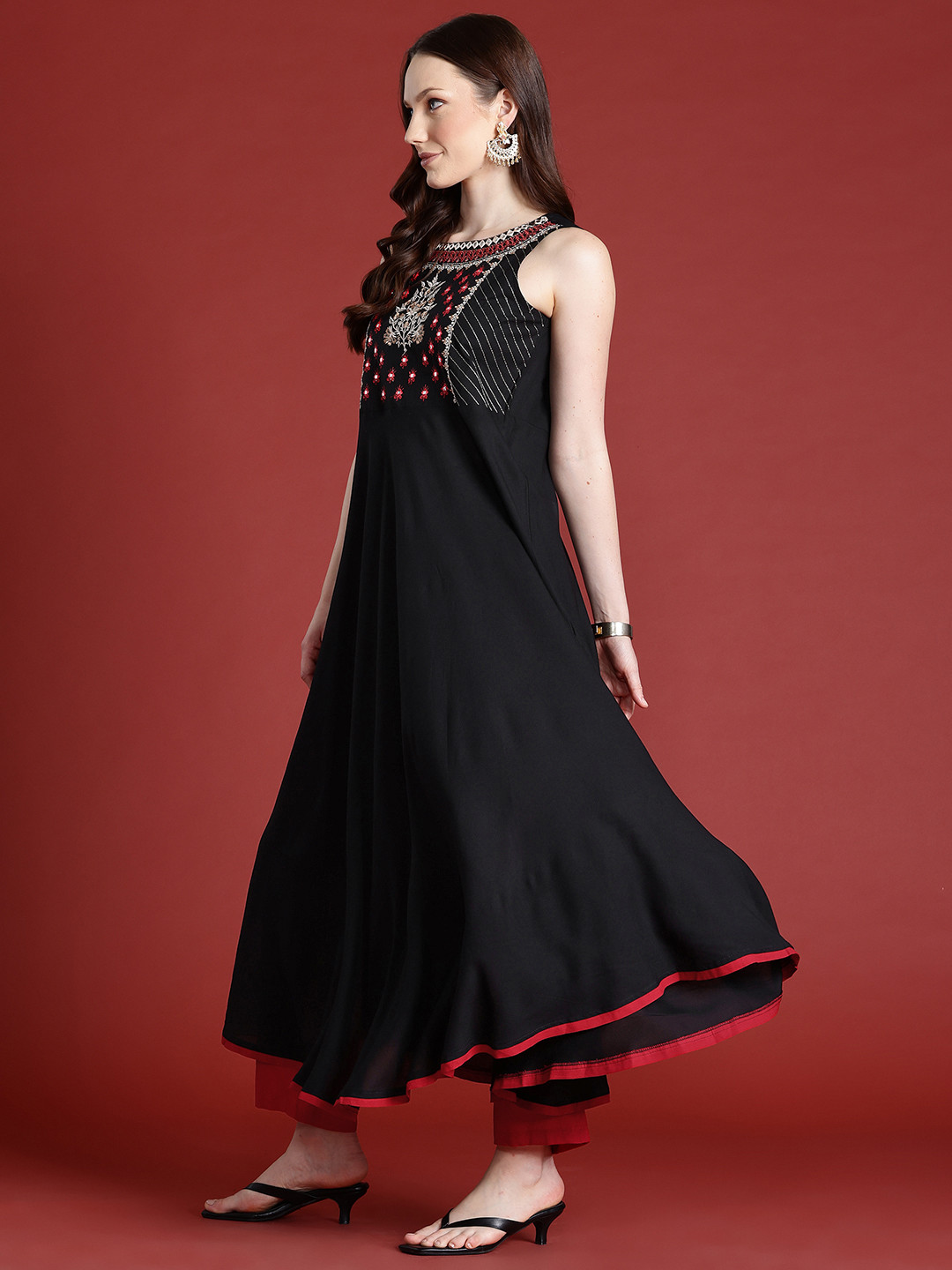 

Anouk Embroidered Yoke Mirror Work Kurta with Trousers & Dupatta, Black
