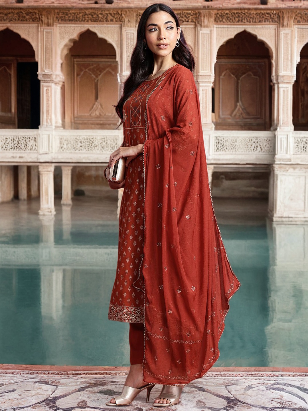 

Anouk Women Ethnic Motifs Printed Pleated Kurta with Trousers & Dupatta, Rust