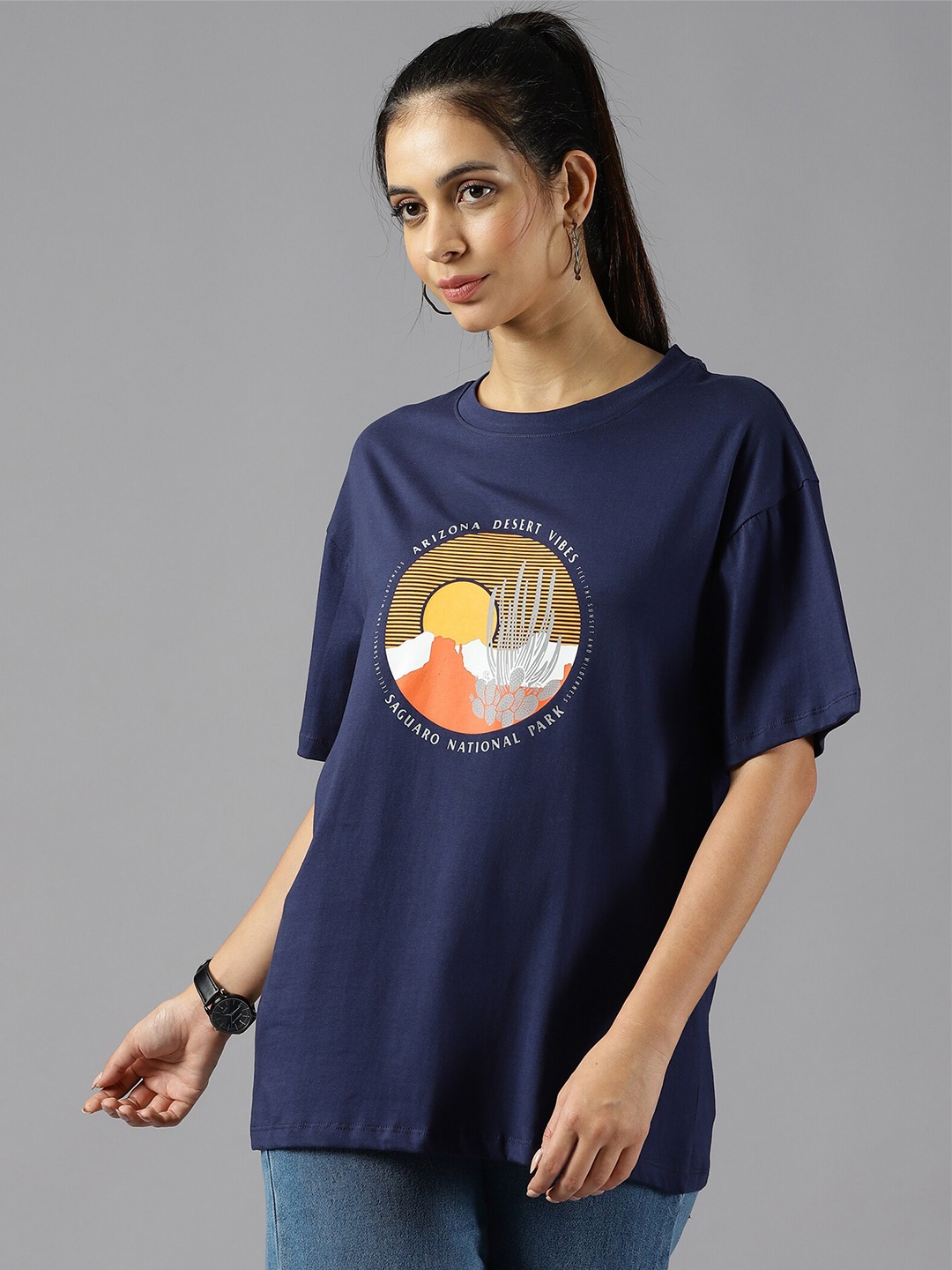 

Roadster Blue Graphic Printed Pure Cotton Oversized T-shirts