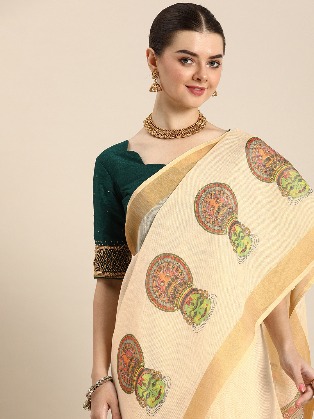 

LOOKNBOOK ART Kalamkari Printed Zari Kasavu Saree, Off white