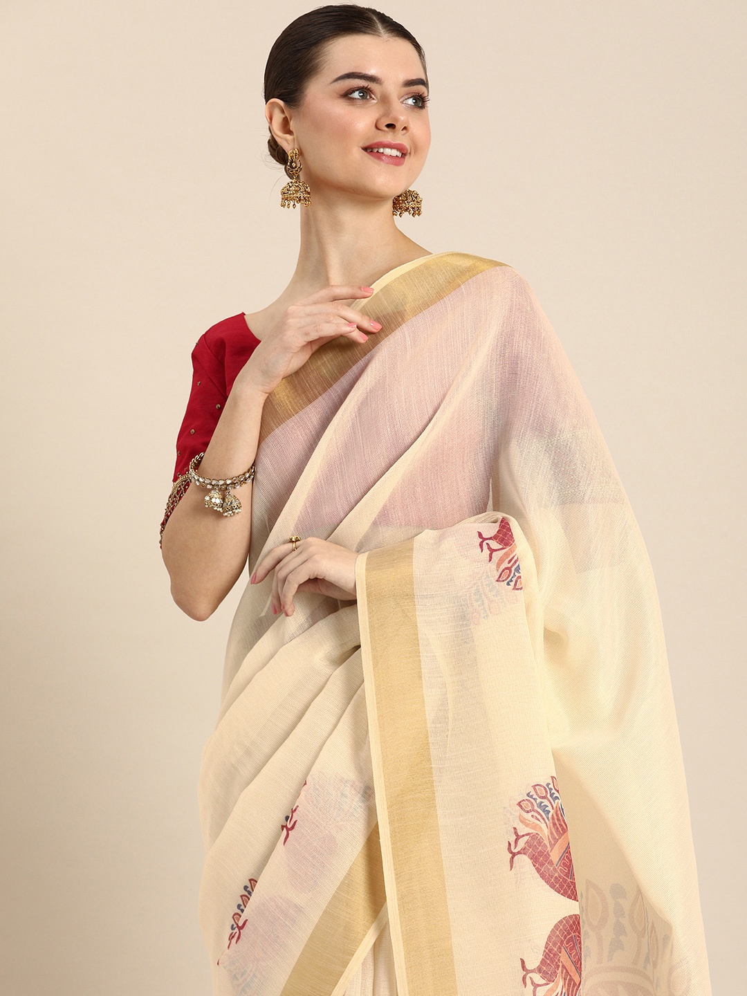 

LOOKNBOOK ART Kalamkari Printed Zari Kasavu Saree, Off white