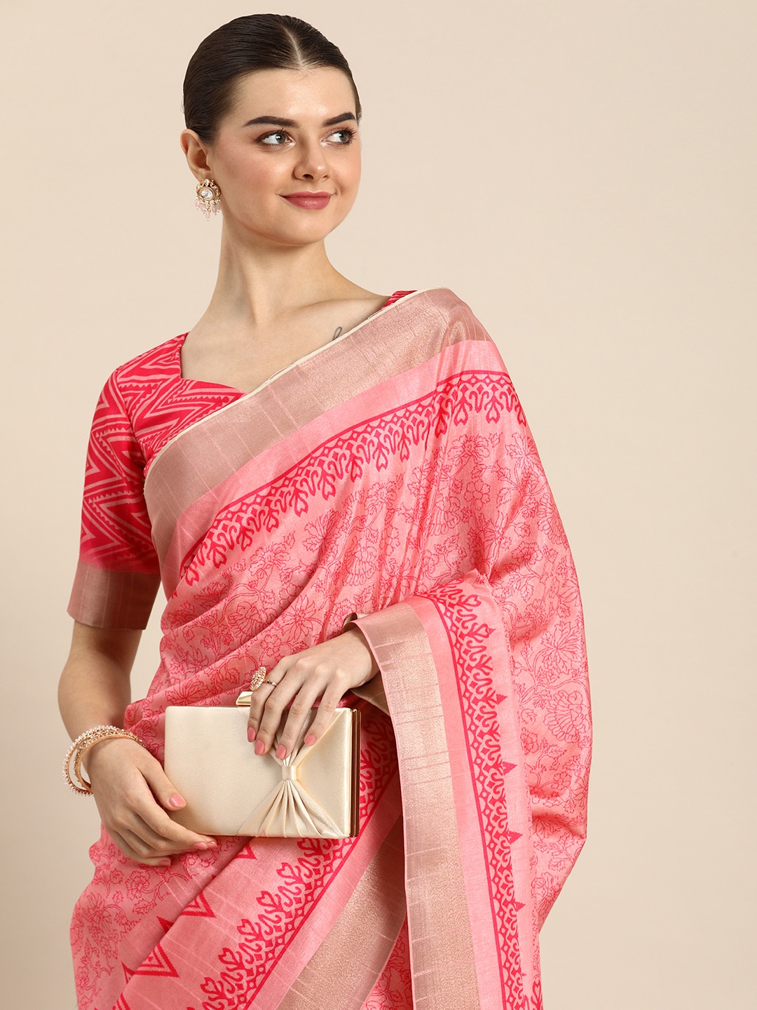 

LOOKNBOOK ART Floral Printed Zari Kota Saree, Pink